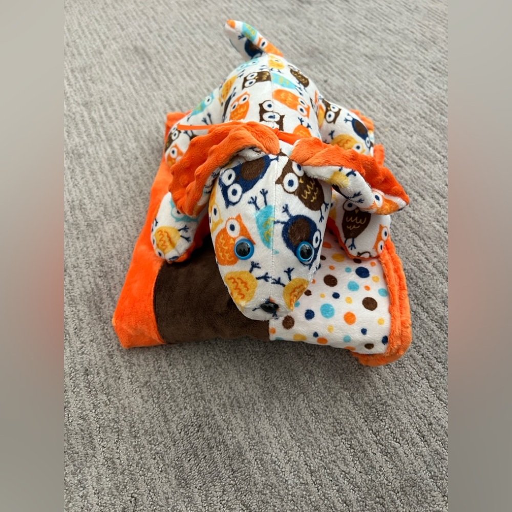 Hand Made Colorful Owl Print Plush baby Blanket and Matching Dog Plush Set